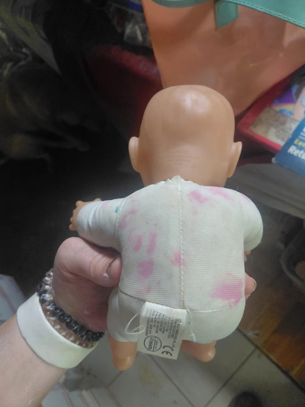 blue eyed uneeda baby doll vinyl  pink and white tye dye shirt